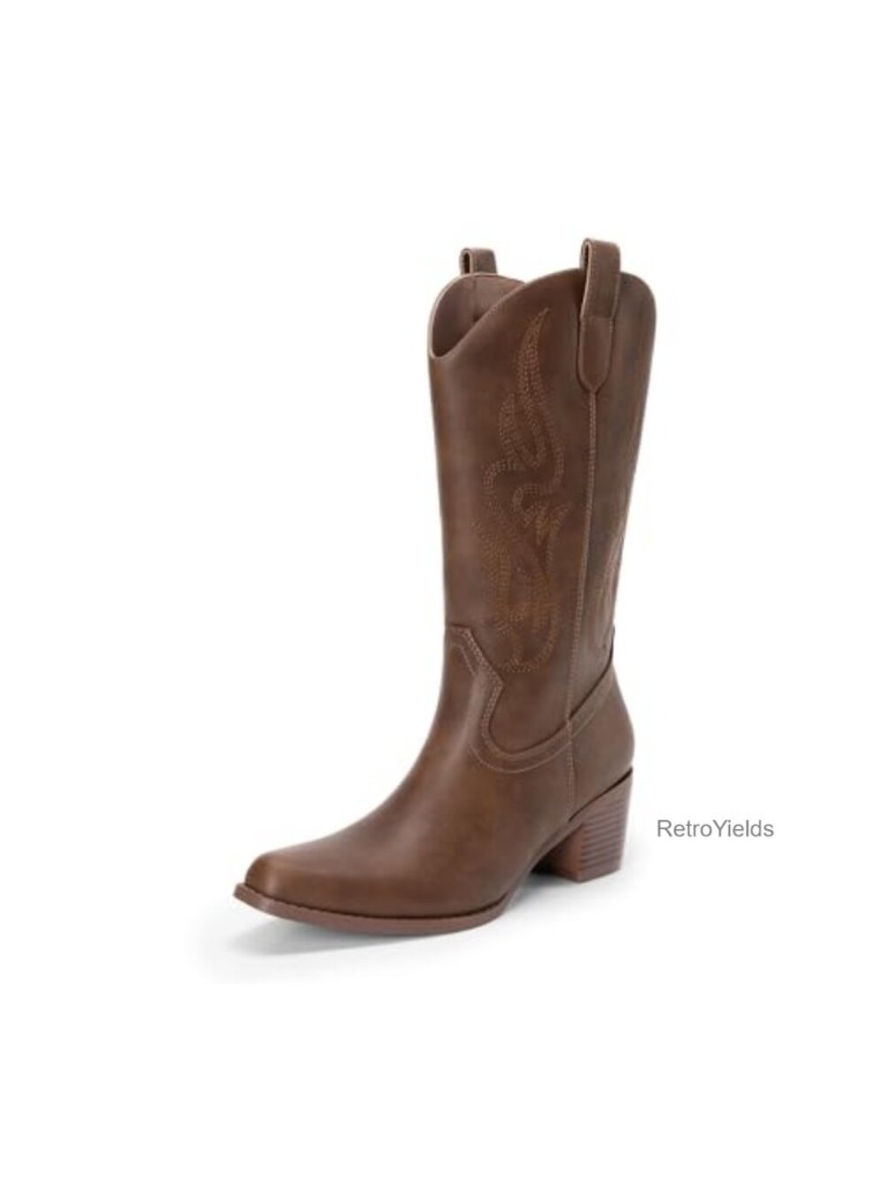 Women's Square Toe Mid Calf Western Cowboy Boots Faux Leather Block Heel